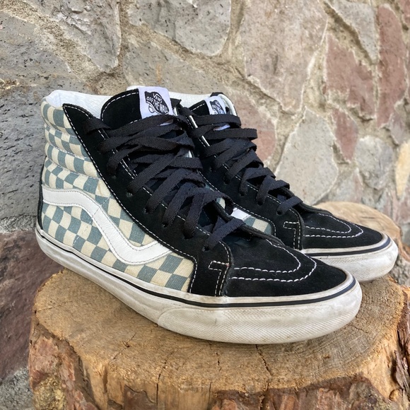 Vans Grey and White Checkered High-Tops with Black Suede Mens 7.5 Womens 9 - Picture 4 of 11